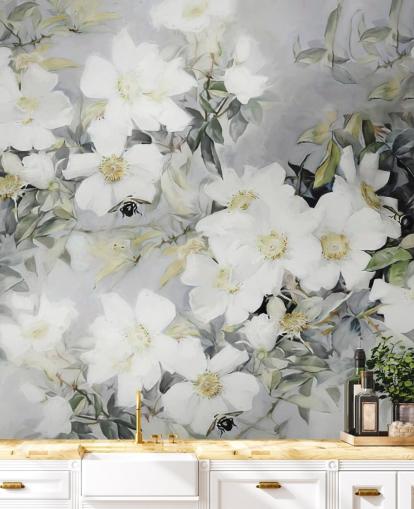 Fondo gris con flores blancas y hojas verdes apagadas Fondo gris con flores blancas y hojas verdes apagadas