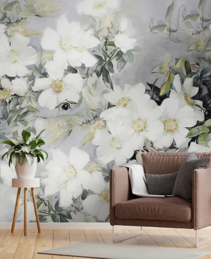 Fondo gris con flores blancas y hojas verdes apagadas