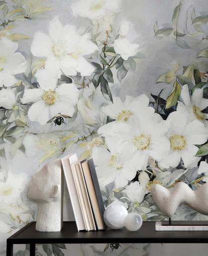 Fundo cinza com flores brancas e folhas verdes suaves