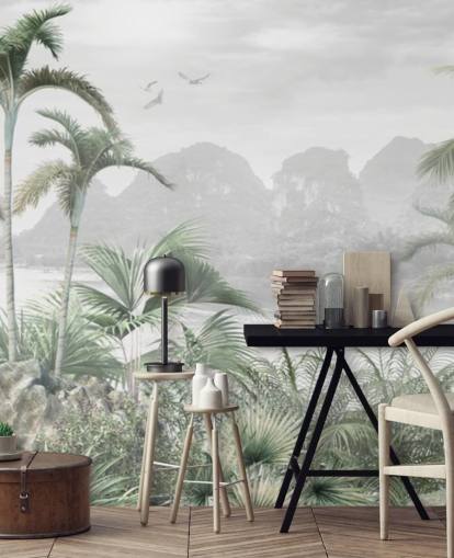 mural de papel de parede verde da selva chamado Jungle Paradise at Wallsauce para quartos, salas de estar e corredores