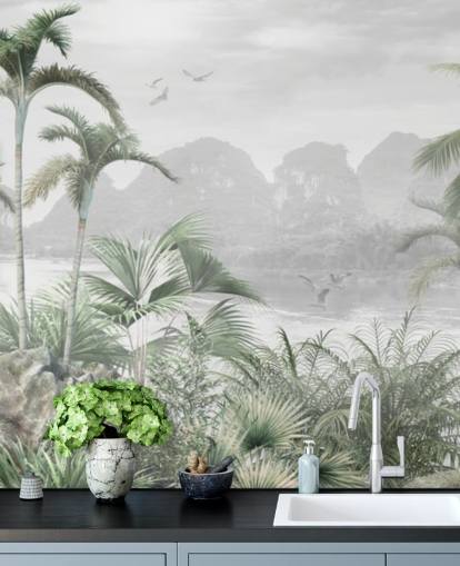 mural de papel de parede verde da selva chamado Jungle Paradise at Wallsauce para quartos, salas de estar e corredores