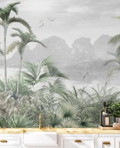 carta da parati murale verde con giungla chiamata Jungle Paradise at Wallsauce per camere da letto, salotti e corridoi