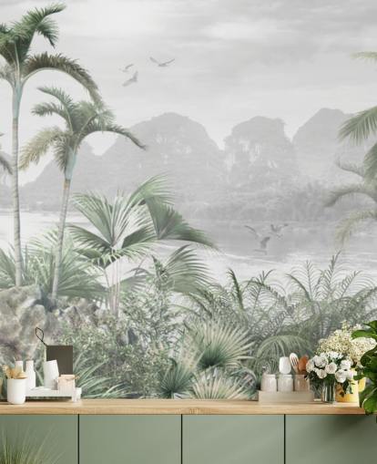 mural de papel pintado verde de la jungla llamado Jungle Paradise at Wallsauce para dormitorios, salas de estar y pasillos mural de papel pintado verde de la jungla llamado Jungle Paradise at Wallsauce para dormitorios, salas de estar y pasillos