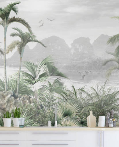 grøn jungle tapetmaleri kaldet Jungle Paradise på Wallsauce til soveværelser, stuer og gange grøn jungle tapetmaleri kaldet Jungle Paradise på Wallsauce til soveværelser, stuer og gange