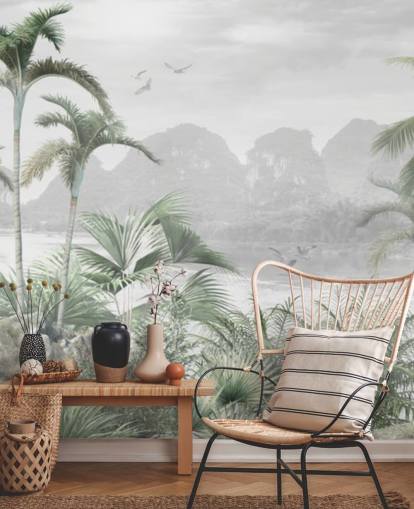 mural de papel pintado verde de la jungla llamado Jungle Paradise at Wallsauce para dormitorios, salas de estar y pasillos