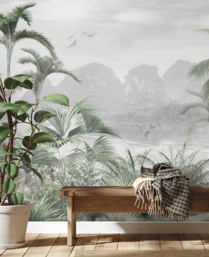 groene jungle behangmuurschildering genaamd Jungle Paradise at Wallsauce voor slaapkamers, woonkamers en gangen