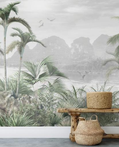 mural de papel de parede verde da selva chamado Jungle Paradise at Wallsauce para quartos, salas de estar e corredores