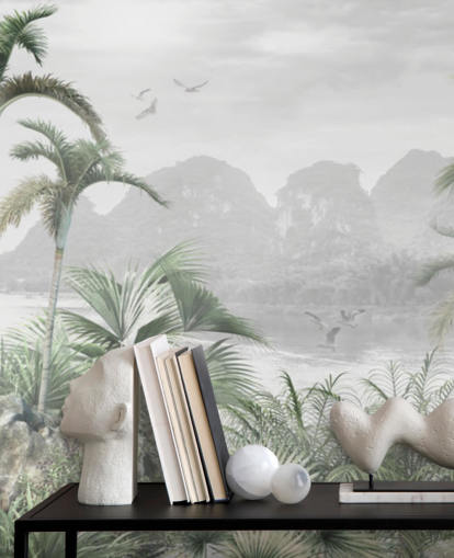 mural de papel de parede verde da selva chamado Jungle Paradise at Wallsauce para quartos, salas de estar e corredores