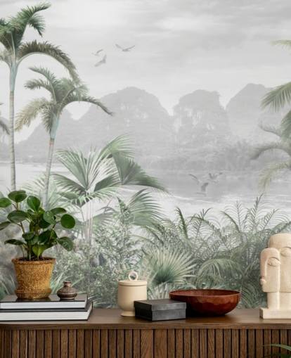 groene jungle behangmuurschildering genaamd Jungle Paradise at Wallsauce voor slaapkamers, woonkamers en gangen groene jungle behangmuurschildering genaamd Jungle Paradise at Wallsauce voor slaapkamers, woonkamers en gangen