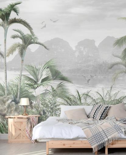 grön djungel tapetväggmålning som heter Jungle Paradise på Wallsauce för sovrum, vardagsrum och hallar grön djungel tapetväggmålning som heter Jungle Paradise på Wallsauce för sovrum, vardagsrum och hallar