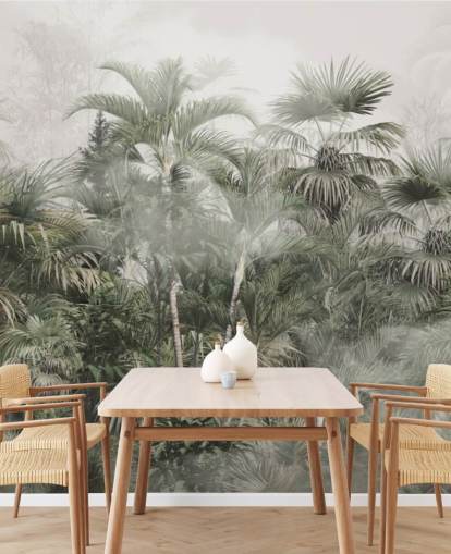 Dark green tall plam trees in a misty jungle with a light grey sky wallpaper Dark green tall plam trees in a misty jungle with a light grey sky wallpaper