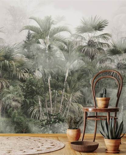 Dark green tall plam trees in a misty jungle with a light gray sky wallpaper