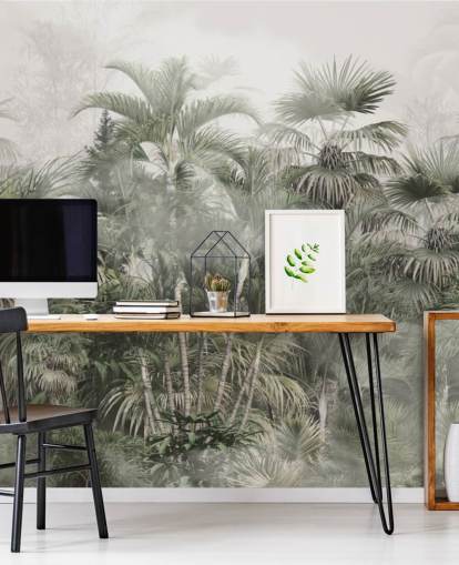 Dark green tall plam trees in a misty jungle with a light gray sky wallpaper