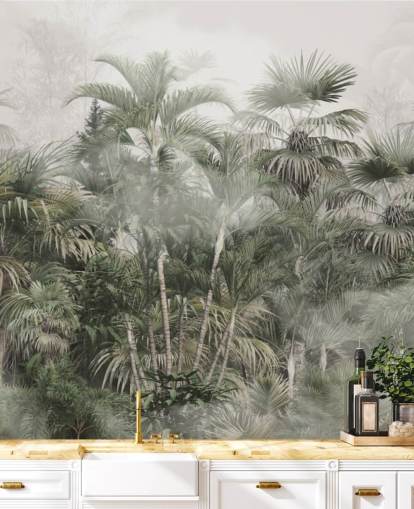 Dark green tall plam trees in a misty jungle with a light grey sky wallpaper