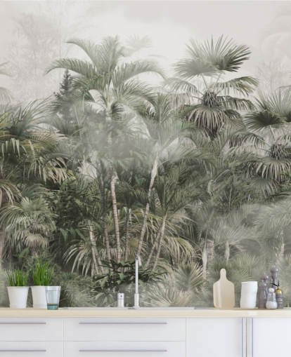 Dark green tall plam trees in a misty jungle with a light gray sky wallpaper