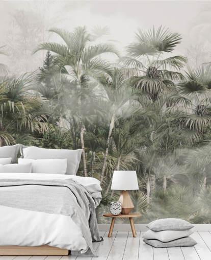 Dark green tall plam trees in a misty jungle with a light gray sky wallpaper