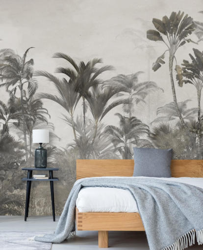 Papel pintado de palmeras de selva tropical de color verde apagado y beige oscuro