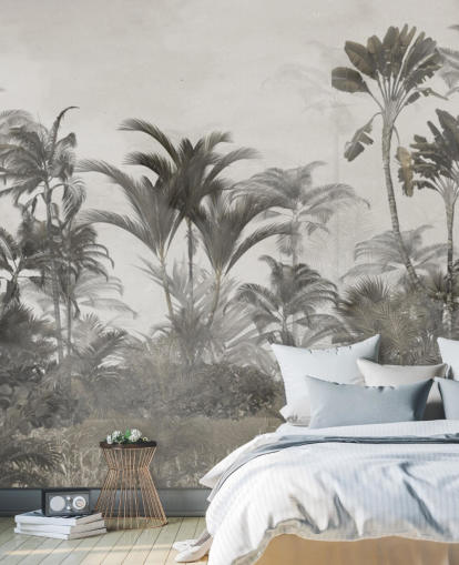 Dæmpet grøn og mørk beige tropisk jungle palmer tapet