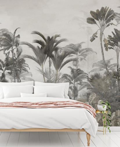 Papel pintado de palmeras de selva tropical de color verde apagado y beige oscuro Papel pintado de palmeras de selva tropical de color verde apagado y beige oscuro