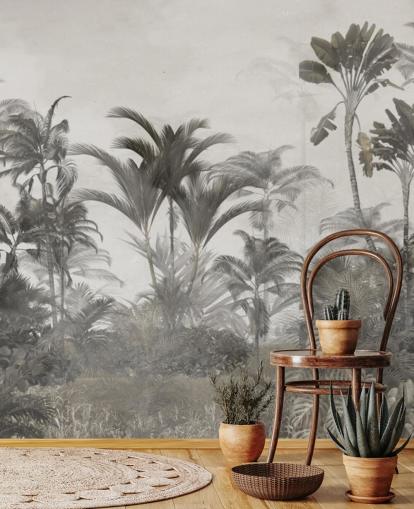 Carta da parati verde tenue e beige scuro con palme nella giungla tropicale