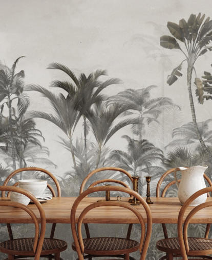 Papel pintado de palmeras de selva tropical de color verde apagado y beige oscuro