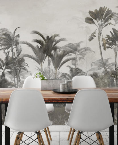 Papel pintado de palmeras de selva tropical de color verde apagado y beige oscuro