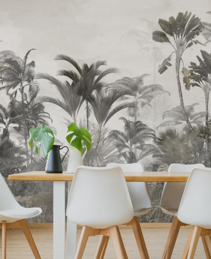 Behang met gedempt groen en donkerbeige tropische oerwoudpalmbomen Behang met gedempt groen en donkerbeige tropische oerwoudpalmbomen