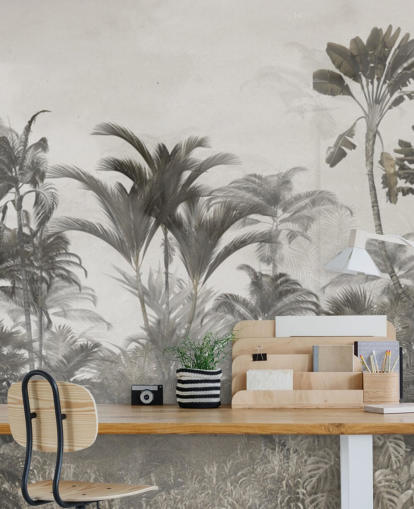 Dæmpet grøn og mørk beige tropisk jungle palmer tapet