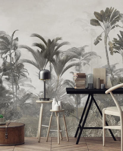 Muted green and dark beige tropical jungle palm trees wallpaper