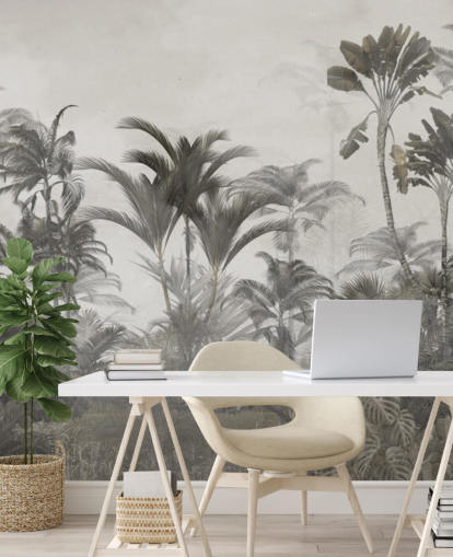 Dæmpet grøn og mørk beige tropisk jungle palmer tapet