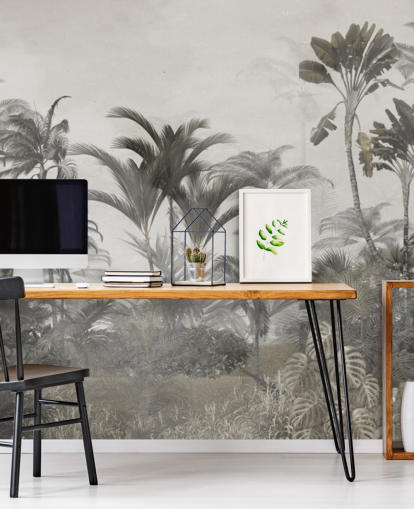 Papel pintado de palmeras de selva tropical de color verde apagado y beige oscuro