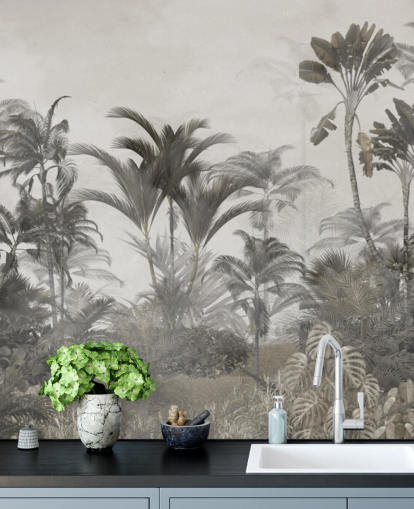 Dämpad grön och mörk beige tropisk djungel palmer tapeter