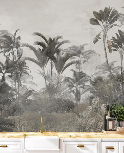 Papier peint de palmiers de la jungle tropicale vert et beige foncé