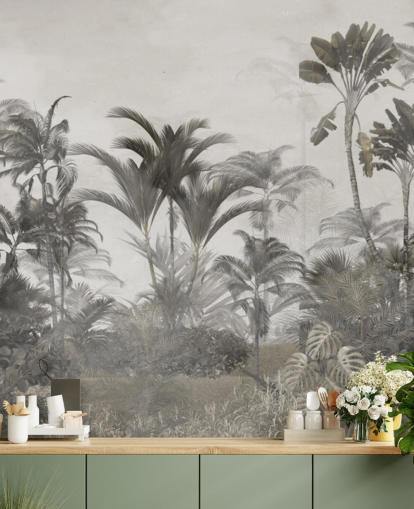 Muted green and dark beige tropical jungle palm trees wallpaper