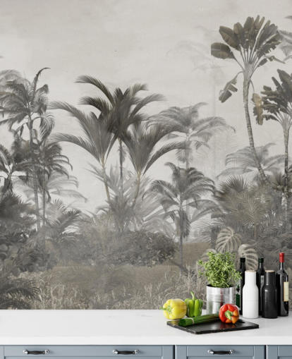 Papier peint de palmiers de la jungle tropicale vert et beige foncé