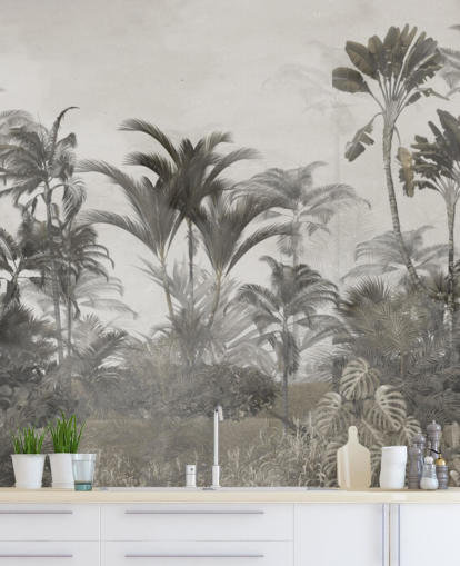 Muted green and dark beige tropical jungle palm trees wallpaper