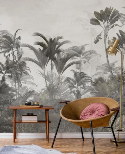 Carta da parati verde tenue e beige scuro con palme nella giungla tropicale