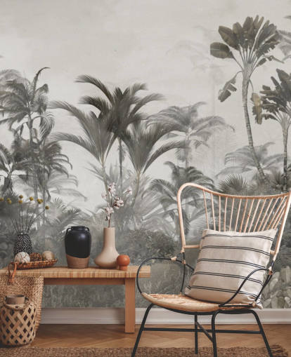 Papier peint de palmiers de la jungle tropicale vert et beige foncé