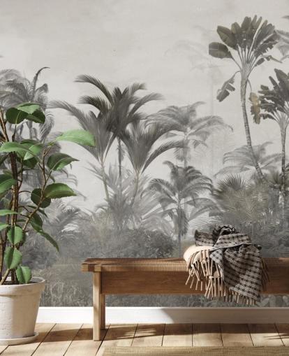 Muted green and dark beige tropical jungle palm trees wallpaper