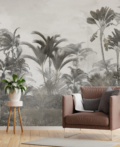 Dämpad grön och mörk beige tropisk djungel palmer tapeter