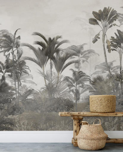 Papel pintado de palmeras de selva tropical de color verde apagado y beige oscuro