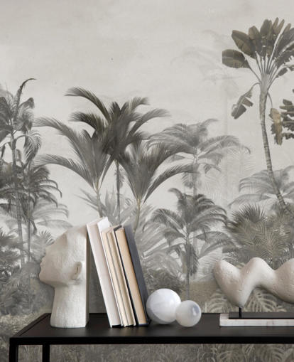 Muted green and dark beige tropical jungle palm trees wallpaper