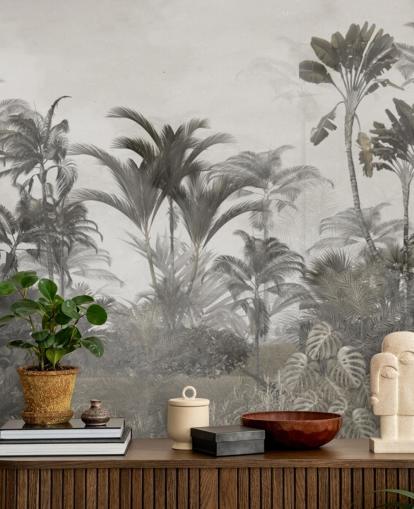 Papel pintado de palmeras de selva tropical de color verde apagado y beige oscuro