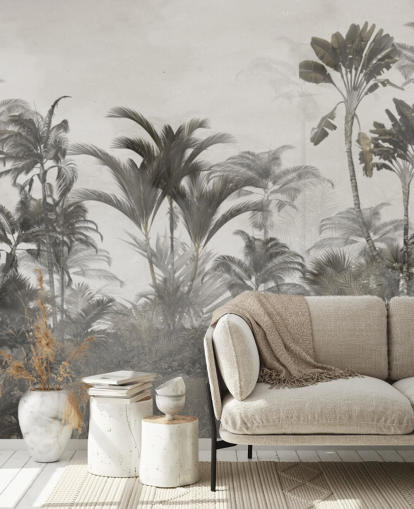 Papel pintado de palmeras de selva tropical de color verde apagado y beige oscuro