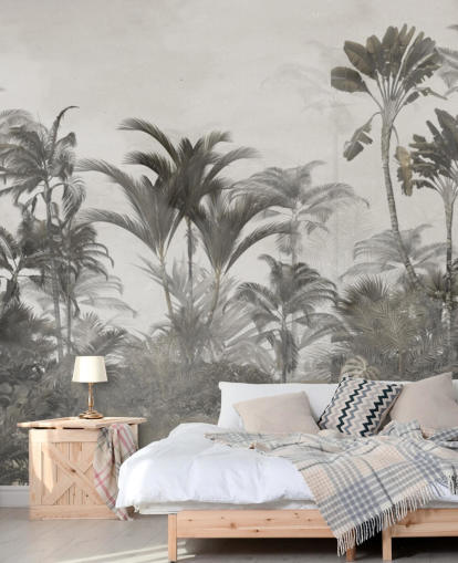 Carta da parati verde tenue e beige scuro con palme nella giungla tropicale