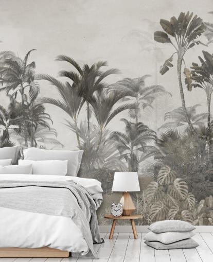 Dæmpet grøn og mørk beige tropisk jungle palmer tapet Dæmpet grøn og mørk beige tropisk jungle palmer tapet