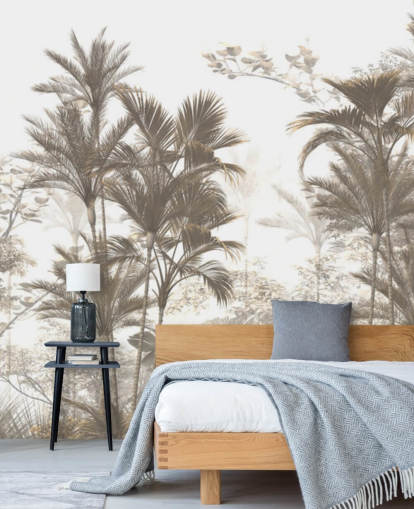 Dark brown rainforest jungle palm trees with a bright white sky wallpaper