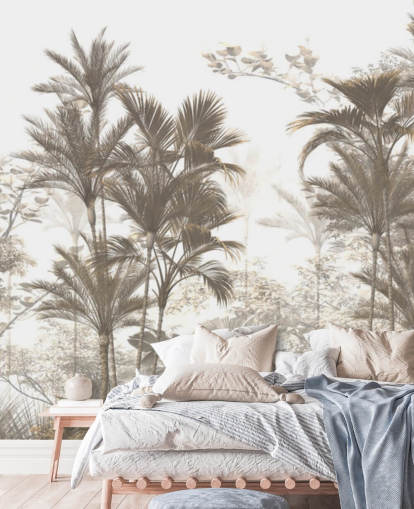 Dark brown rainforest jungle palm trees with a bright white sky wallpaper