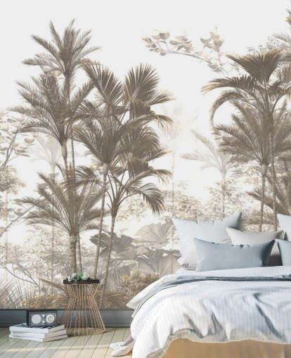 Papel pintado de palmeras de selva tropical de color marrón oscuro con un cielo blanco brillante