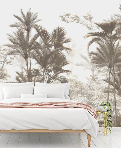 Dark brown rainforest jungle palm trees with a bright white sky wallpaper